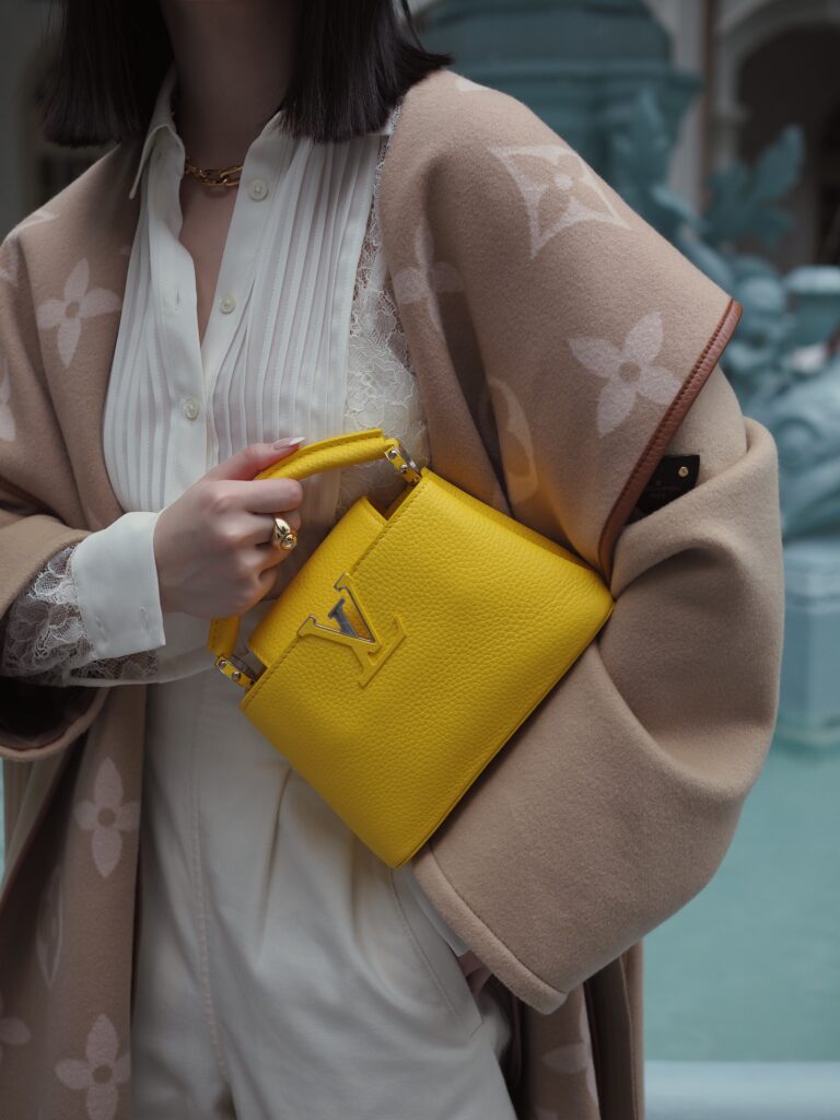 Singapore Fashion Blogger and Digital Creative Willabelle Ong @willamazing wearing Louis Vuitton giant monogram jacquard wrap coat and LV Capucines bag in Bouton d’Or Yellow